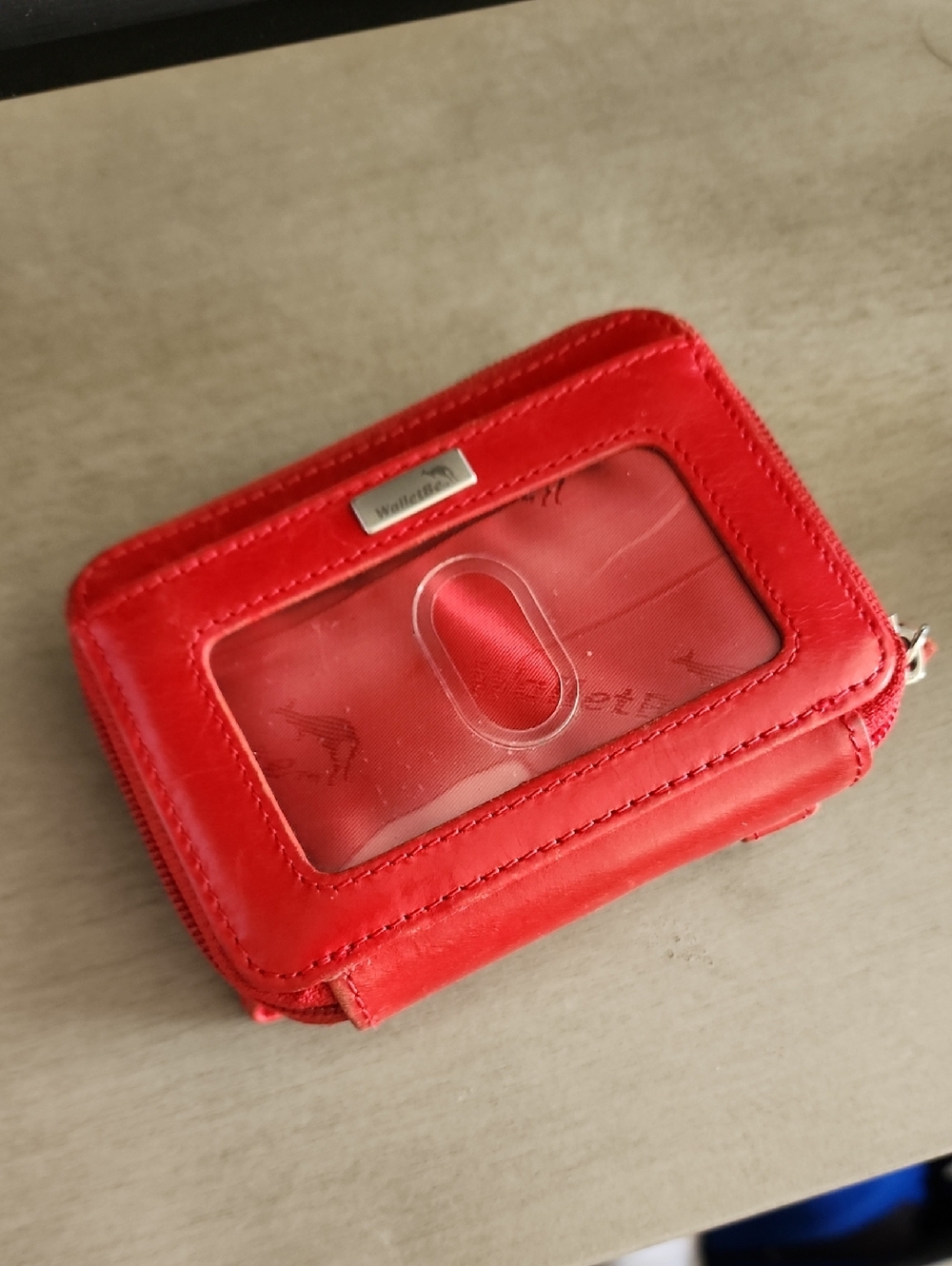 WalletBe Genuine Leather Red Zip ID Window Card Holder